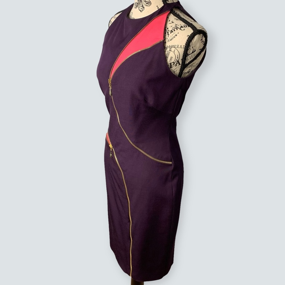 VERSACE COLLECTION Purple Sheath Pink Accents Gold Zipper Dress Size 42 in EUC